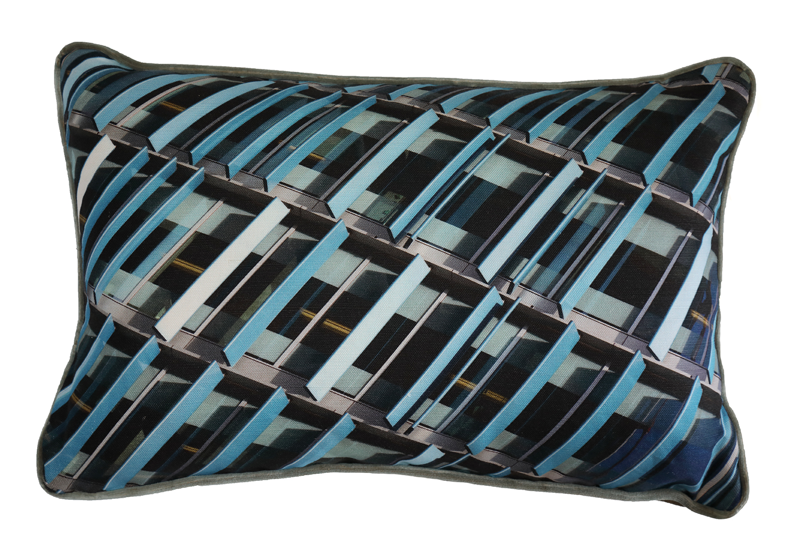 Cushion with abstract blue fenestration