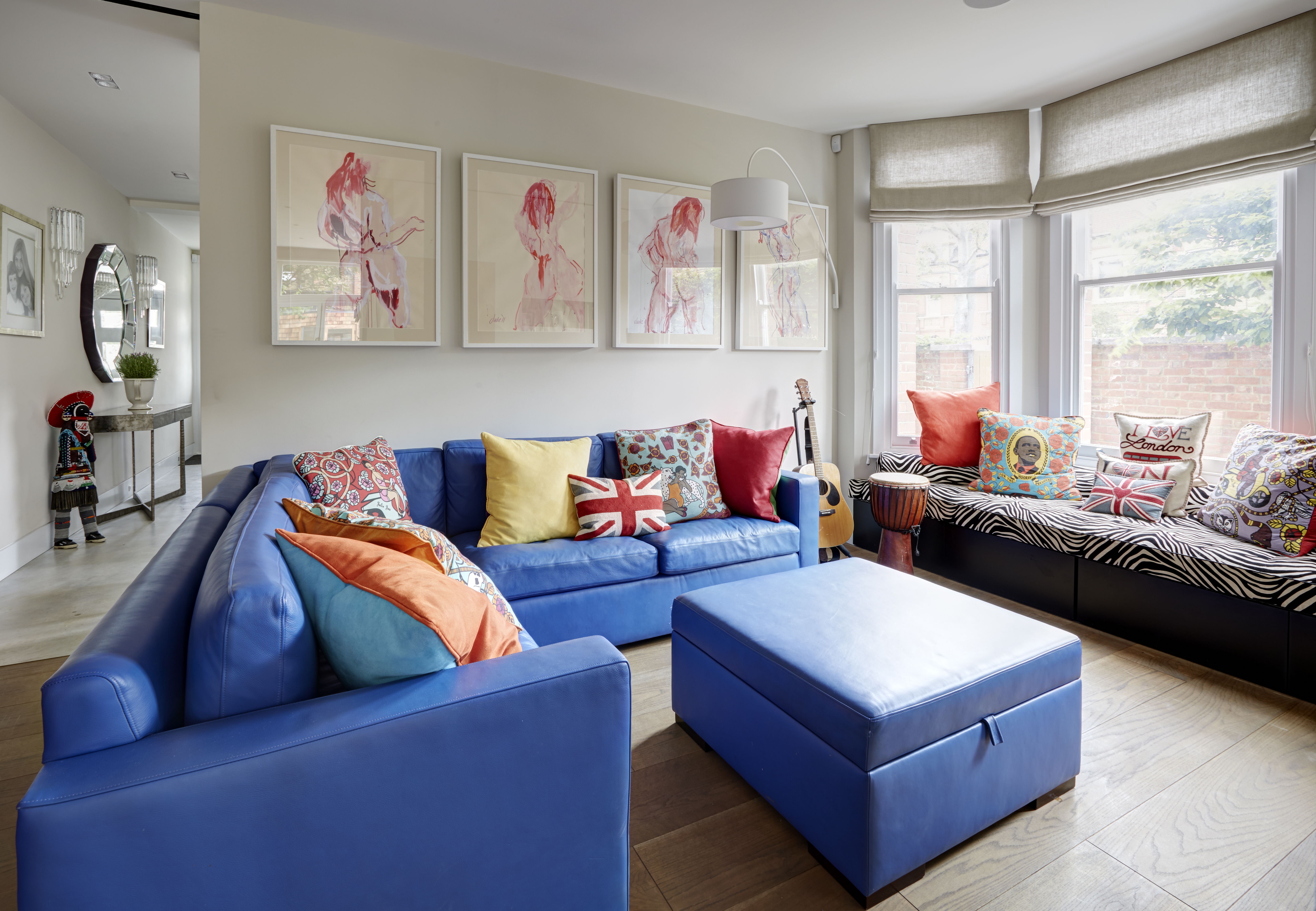 Bespoke L-shaped blue leather contemporary sofa