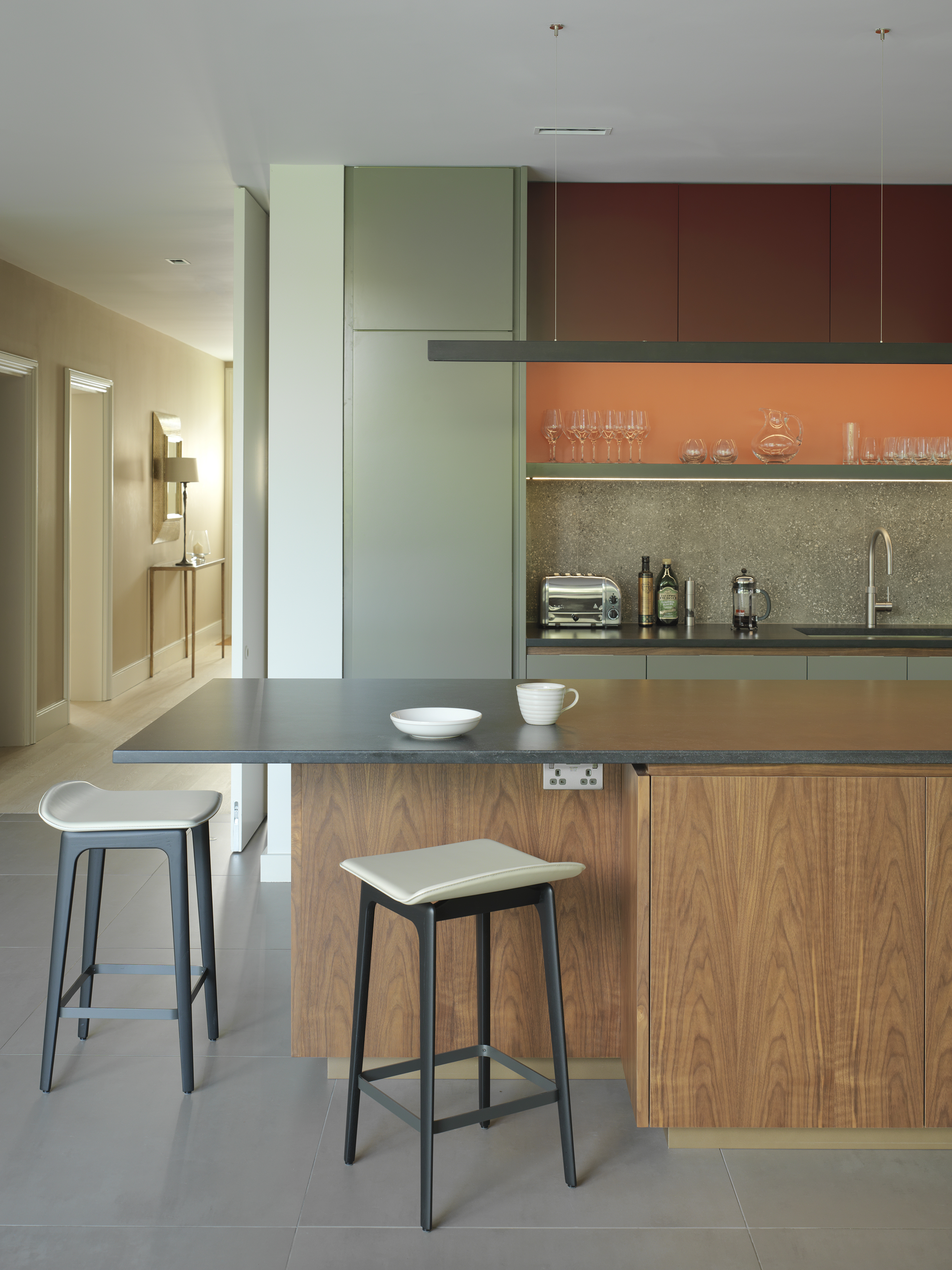 Kitchen- modern, bold colour, walnut wood and stone bespoke kitchen, Miele, bar stools, breakfast island