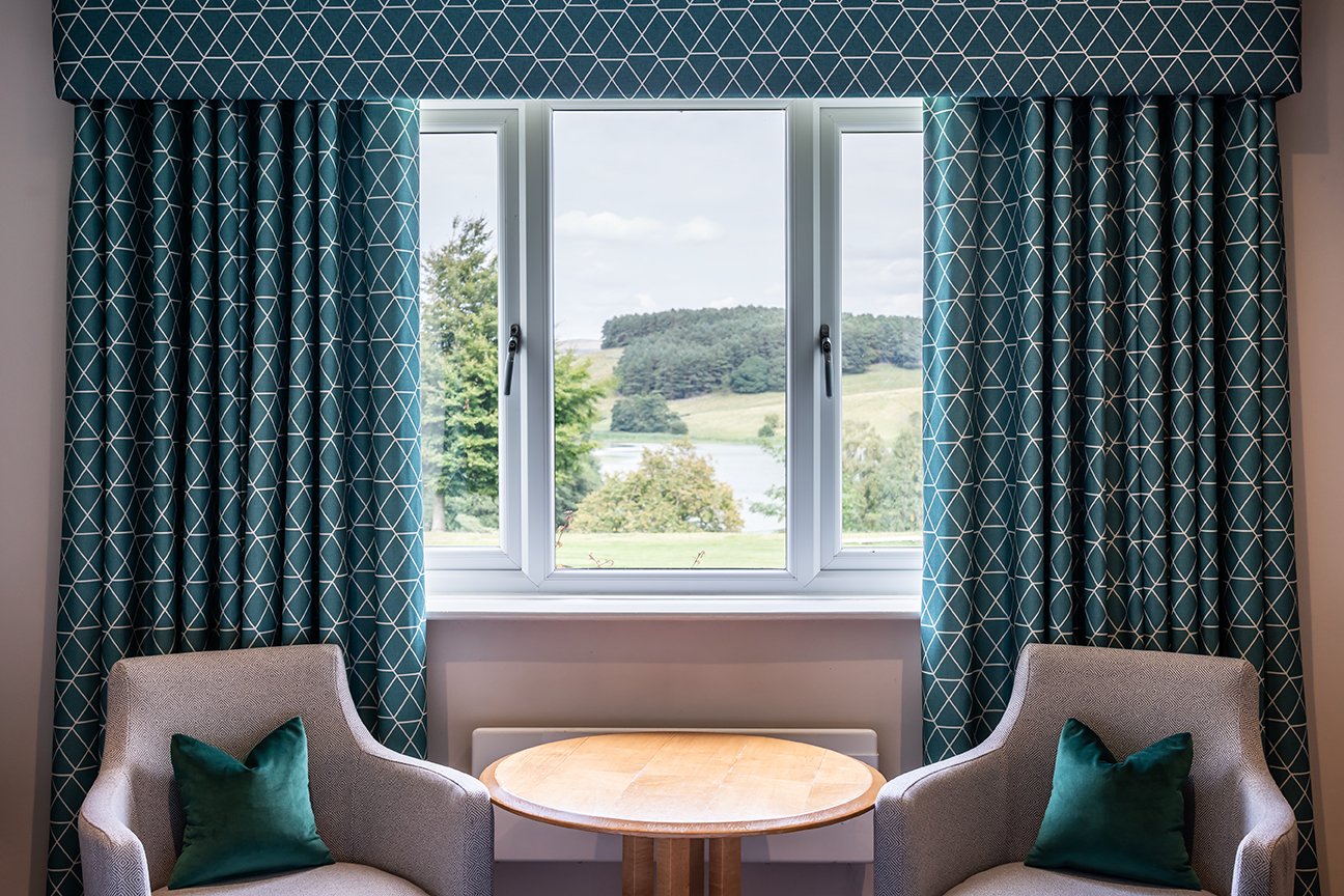 Printed Curtains Frame the view at the Coniston Hotel