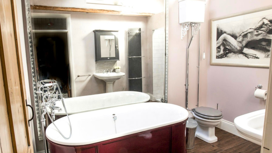 bathroom design, Farrow & ball brinjal bath , Julian Chichester mirror , hampshire interior designer 