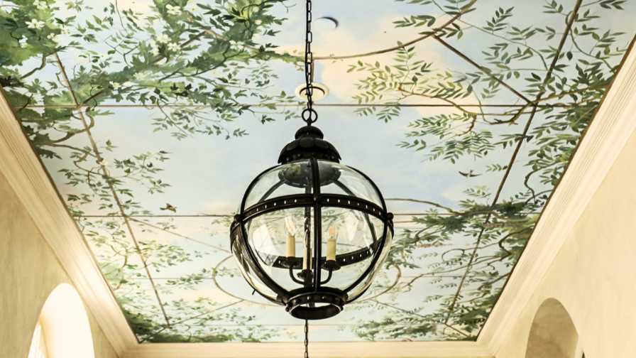 painted ceiling , mural design, painted by hand , vaughan ceiling light, globe vaughan pendant ceiling light 