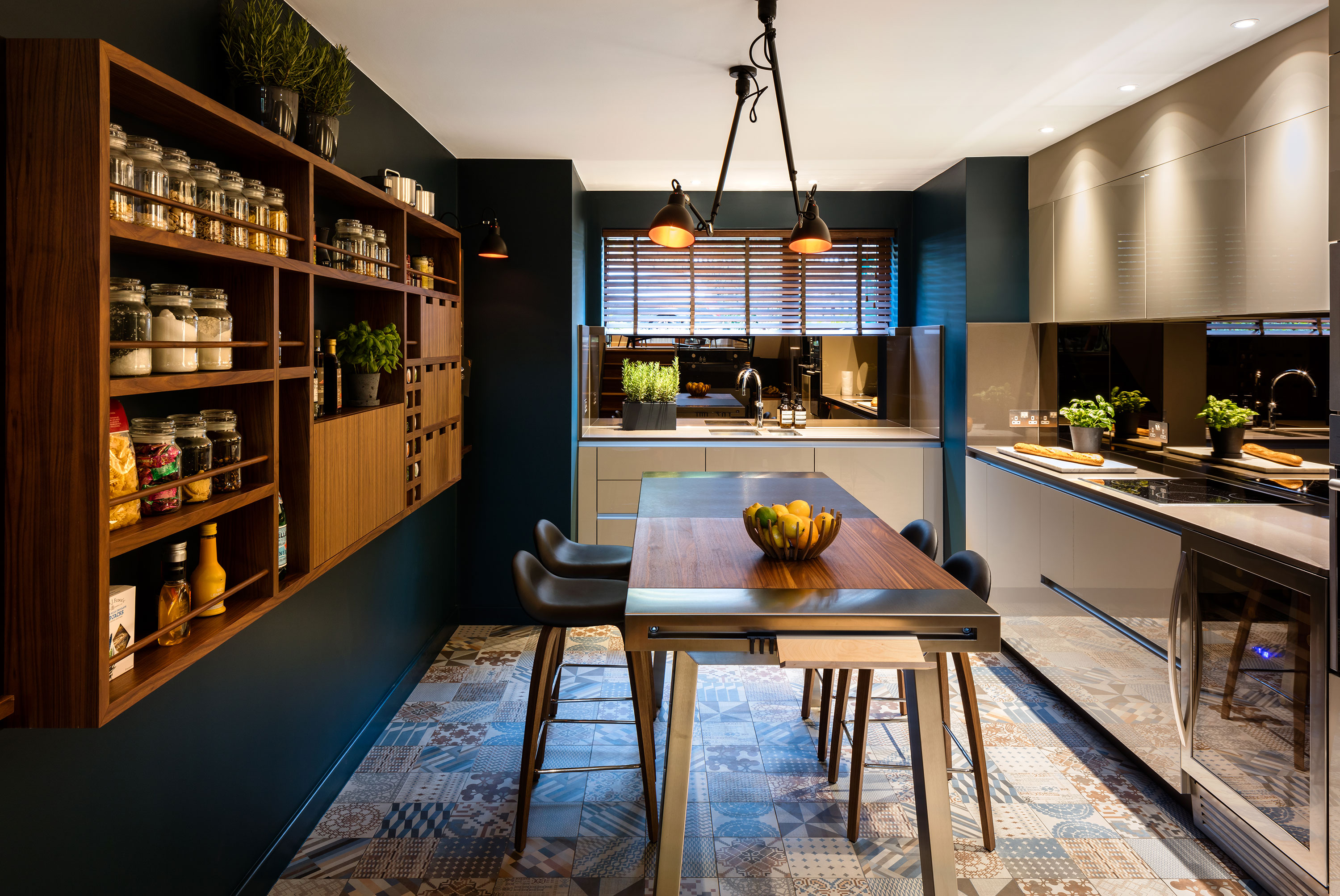 Kitchen, tiled floor, bespoke pantry