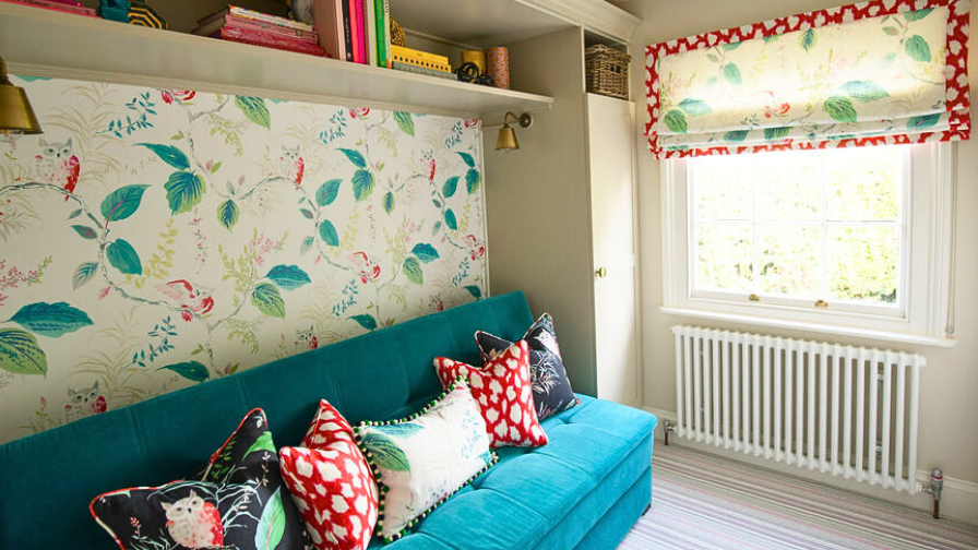 Kate Spade wallpaper , Kravet wallpaper , Sofa.com sofa bed , built in joinery , hampshire interior designer 
