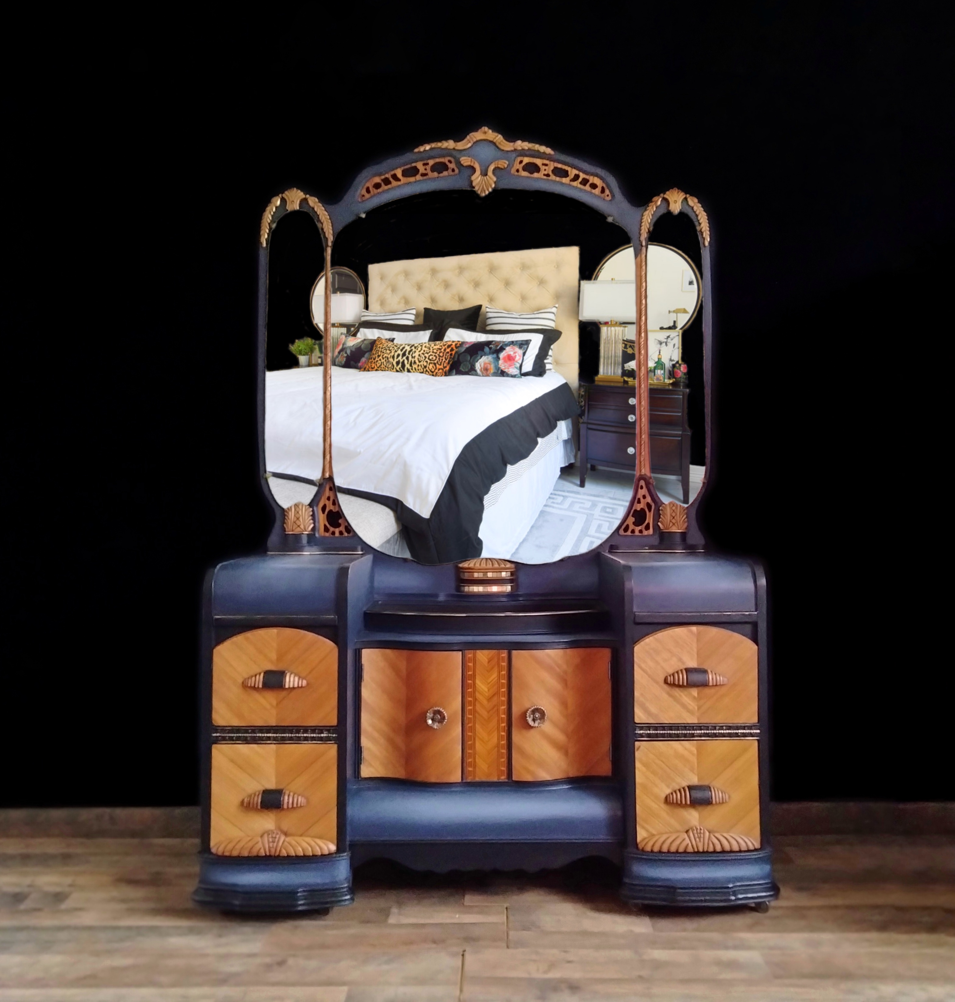 Mid Century Vanity with Triple Mirror 