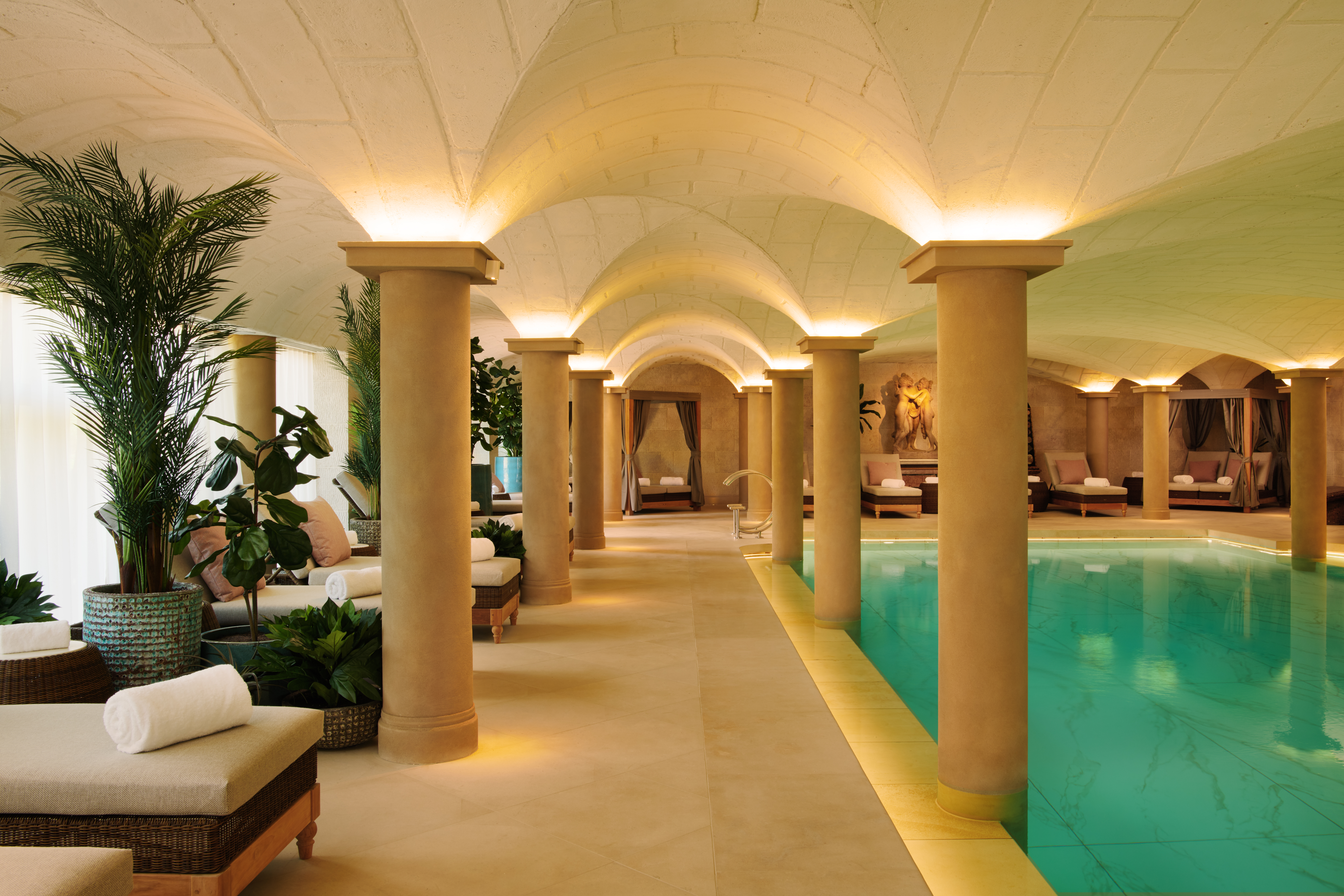 Swimming pool at Grantley Hall with luxury bespoke flooring and surfaces provided by Lapicida