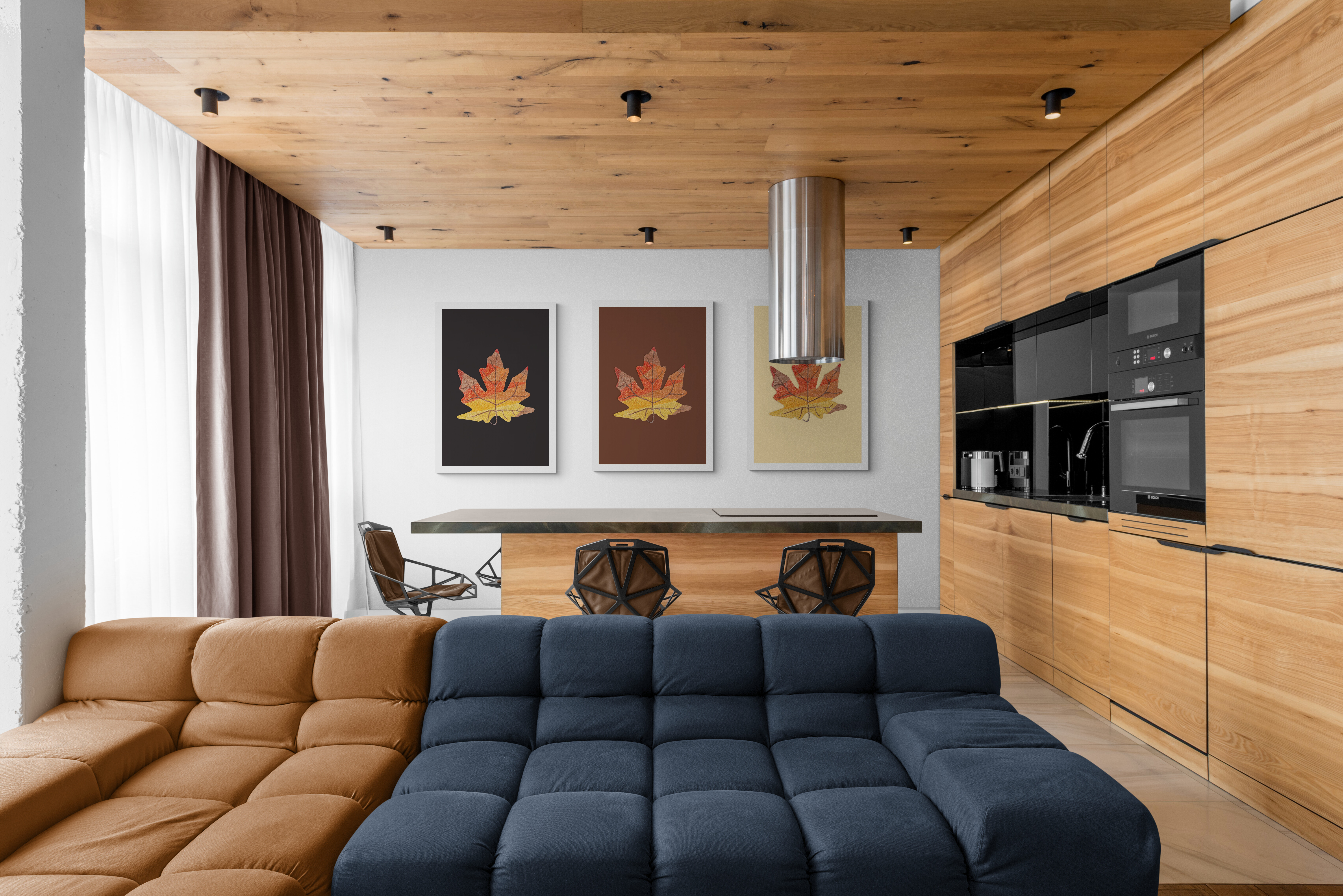 Three prints of the Trian Brown Acer leaf, with different coloured background. Kitchen and Livingroom scene.