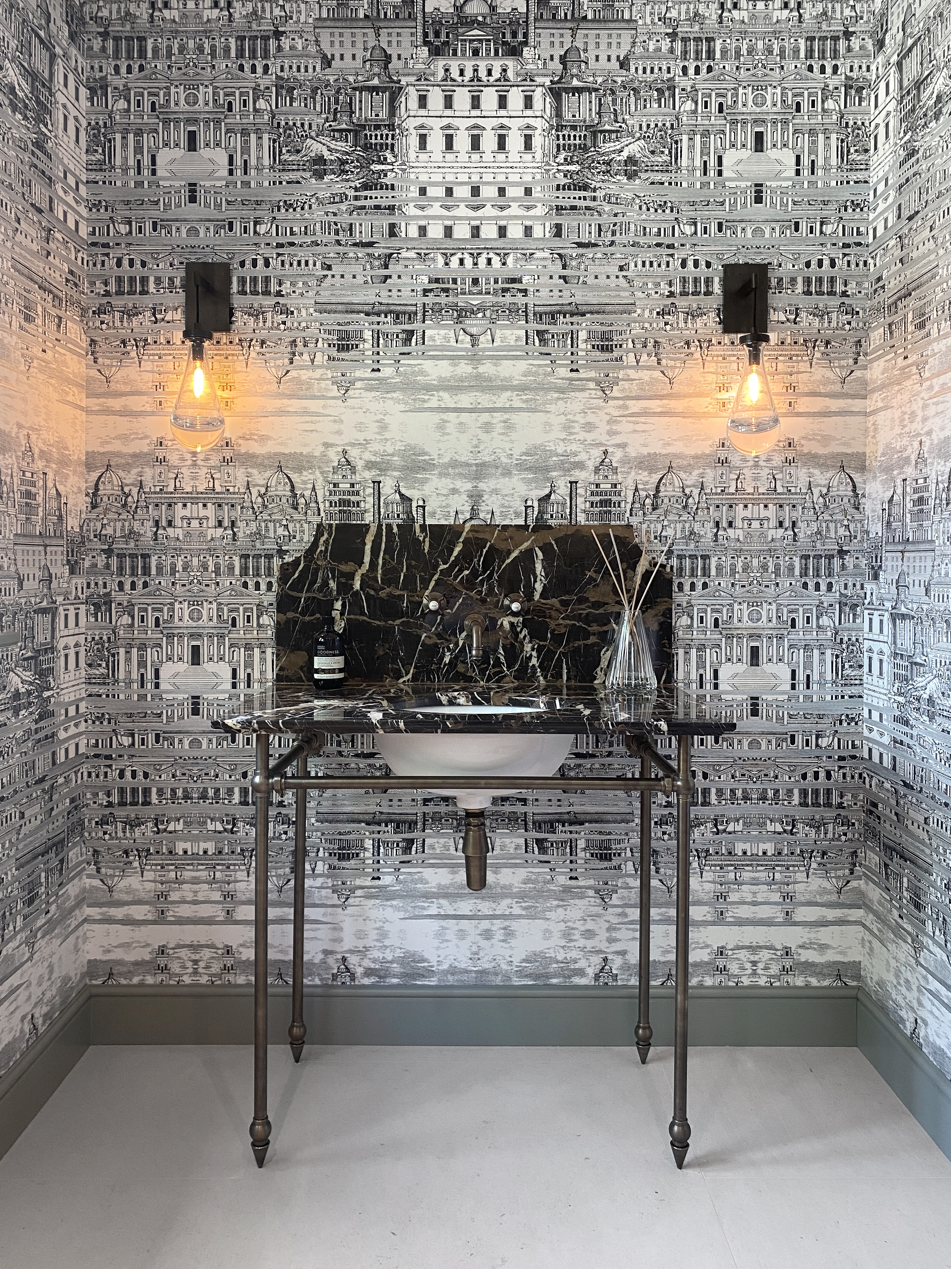 Powder room with washstand and wallpaper