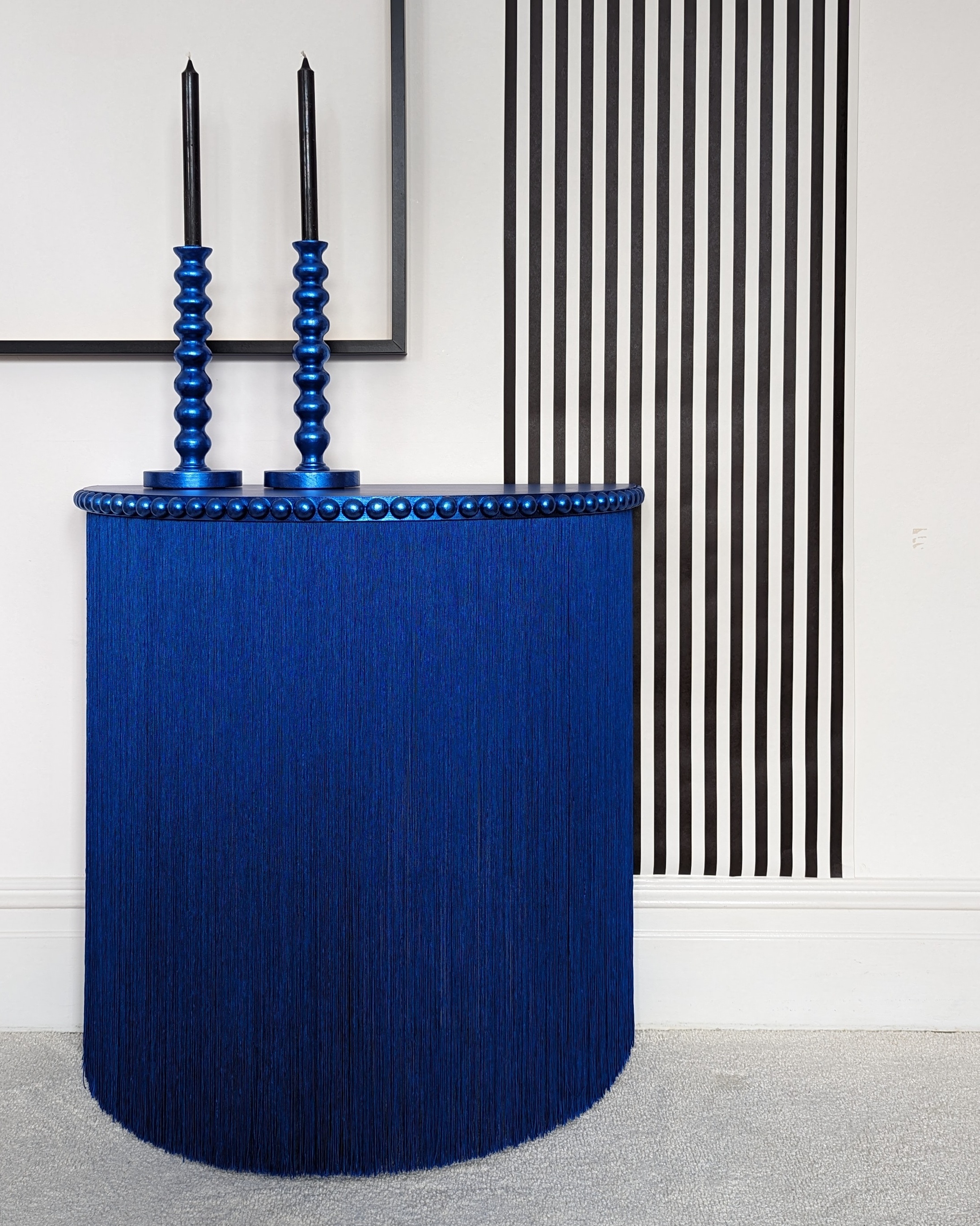 The House of Upcycling: Royal Blue Fringed Demi Lune Table from Webb & Gray