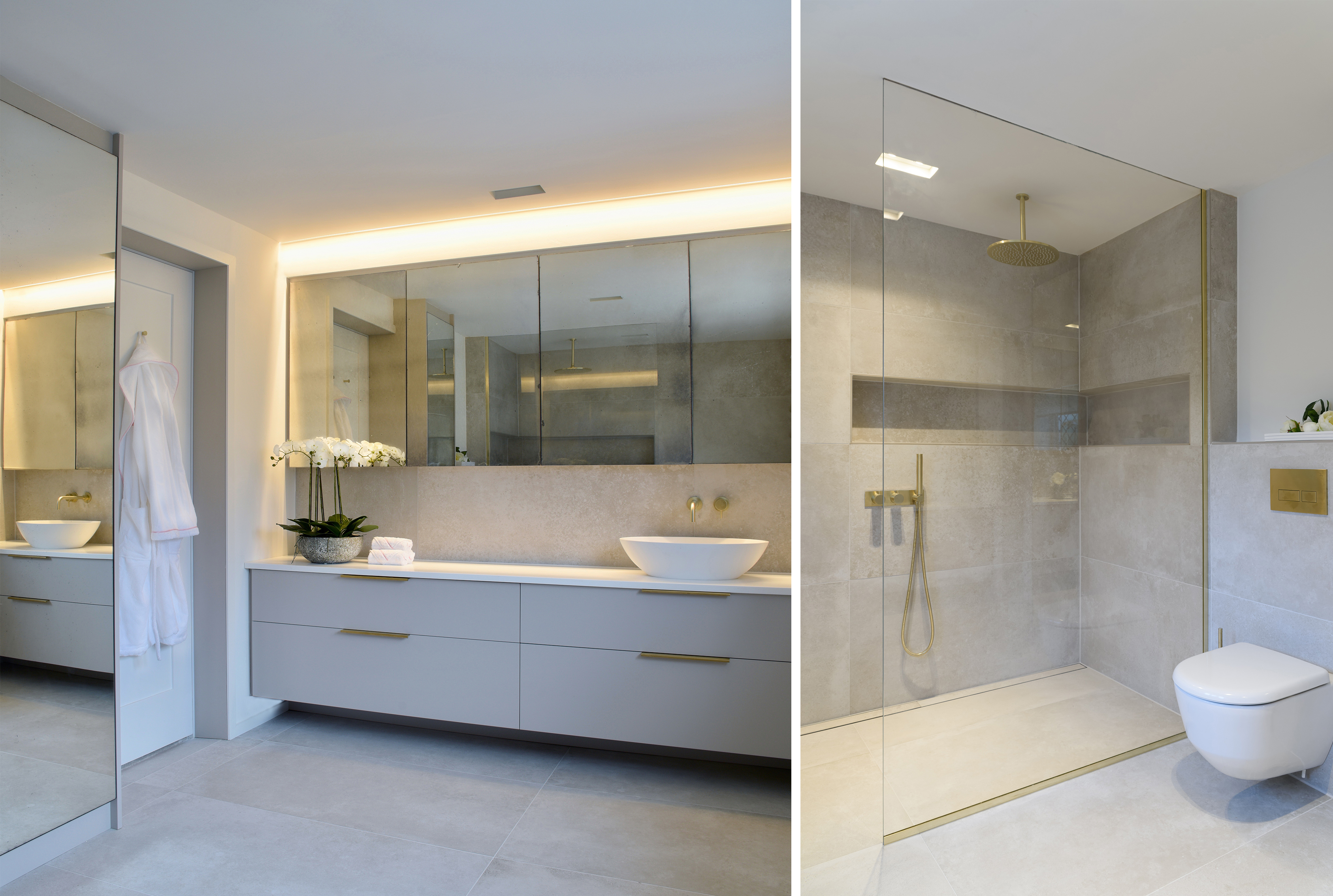 An elegant master suite with large bespoke vanity unit antique mirror storage shower niche