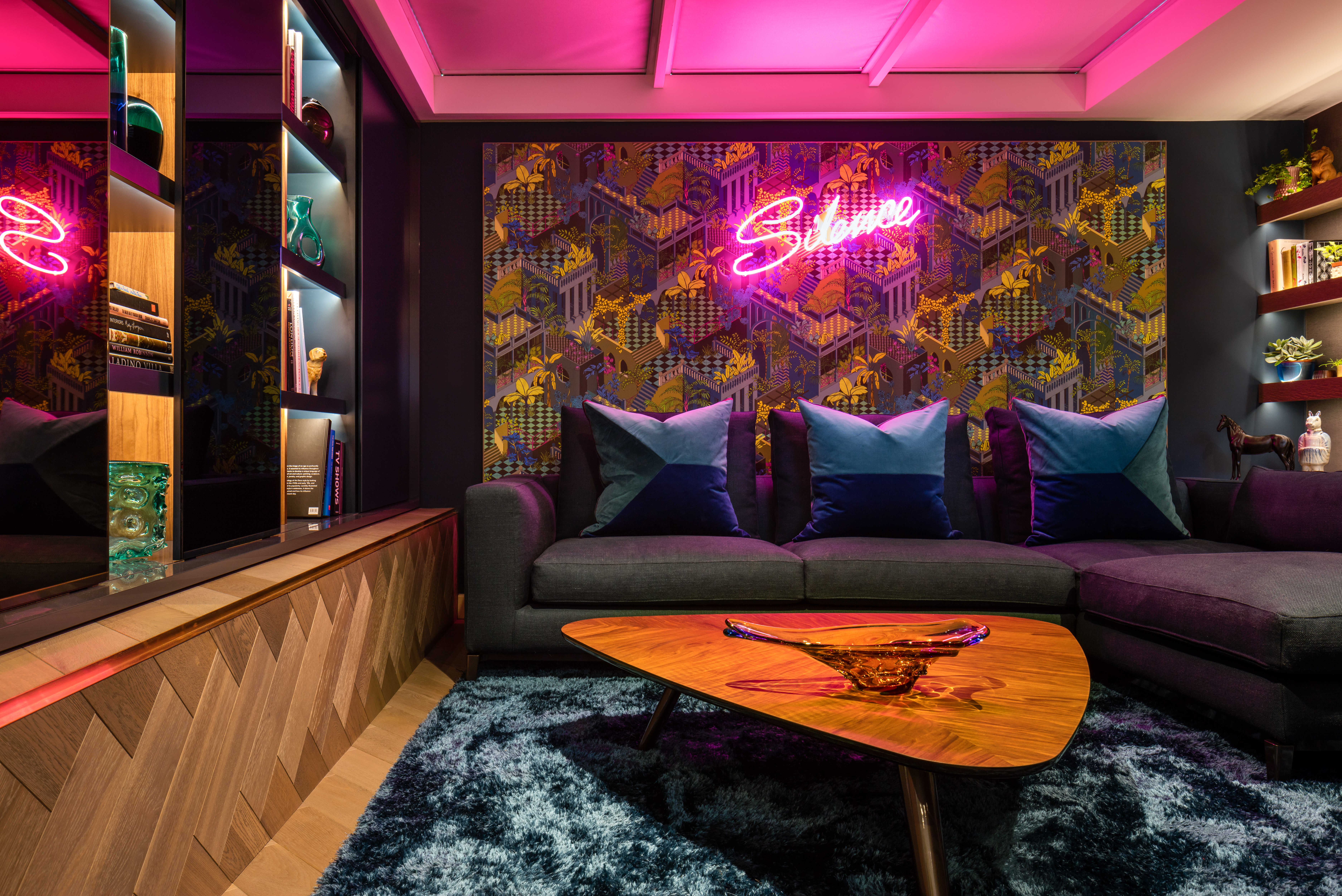 Rich living room, bespoke joinery, neon 