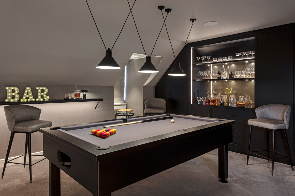 Lutron Lighting and Pool Table in a luxury home in Oxshott. 