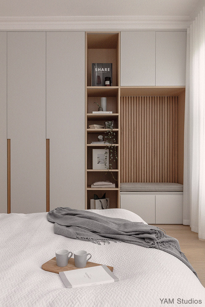 Bedroom wardrobes with wood detail