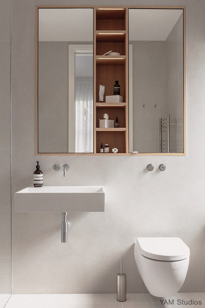 Contemporary, scandi bathrooms with tadelakt and wood detail