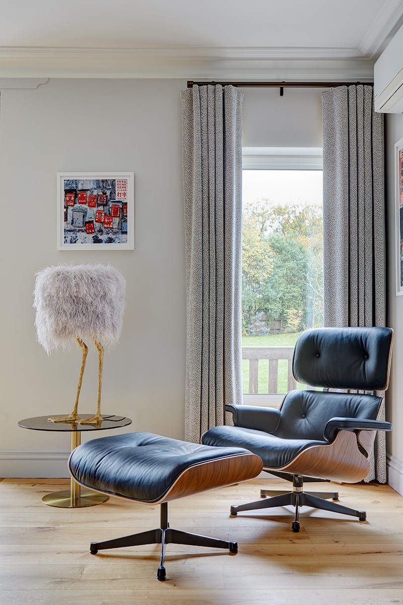 Drawing Room, living room, design classic chair, reading chair, duck lamp, wave headed curtains, Eames chair, Eames footstool; Tom Dixon table