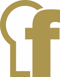 gold logo of a stylised key hole and letter 