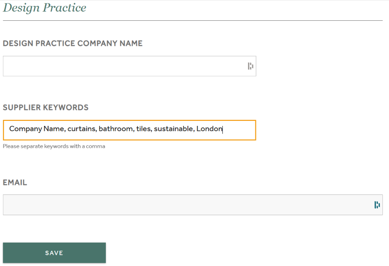 Form on BIID Partners page allowing you to list keywords and Save