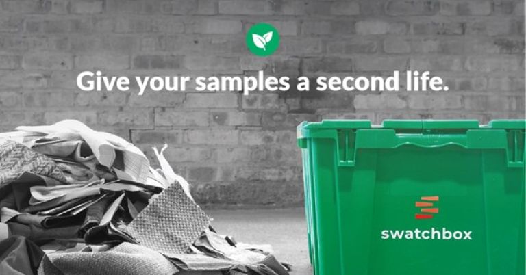 Brick background with messy pile of material samples to the left, then with a title in the centre saying Give your samples a second life, and a green Swatchbox bin to the right.
