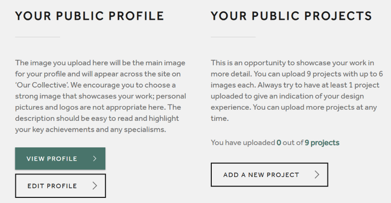 Option to edit your public profile and your projects
