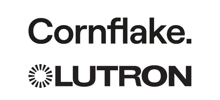 Cornflake and Lutron black logos and white backgrounds