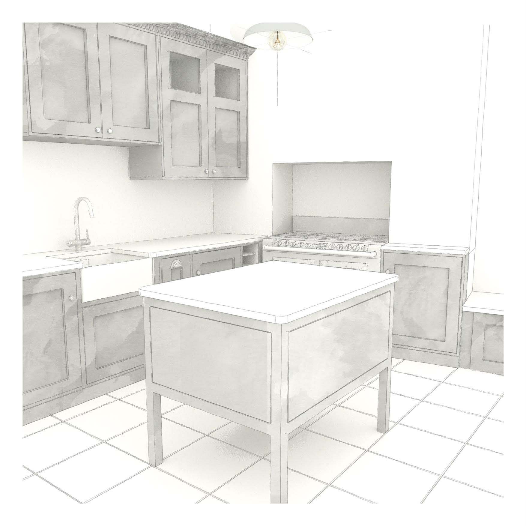 Design sketch for bespoke kitchen with grey shaker cabinets made for West London client by Holland Street Kitchens.