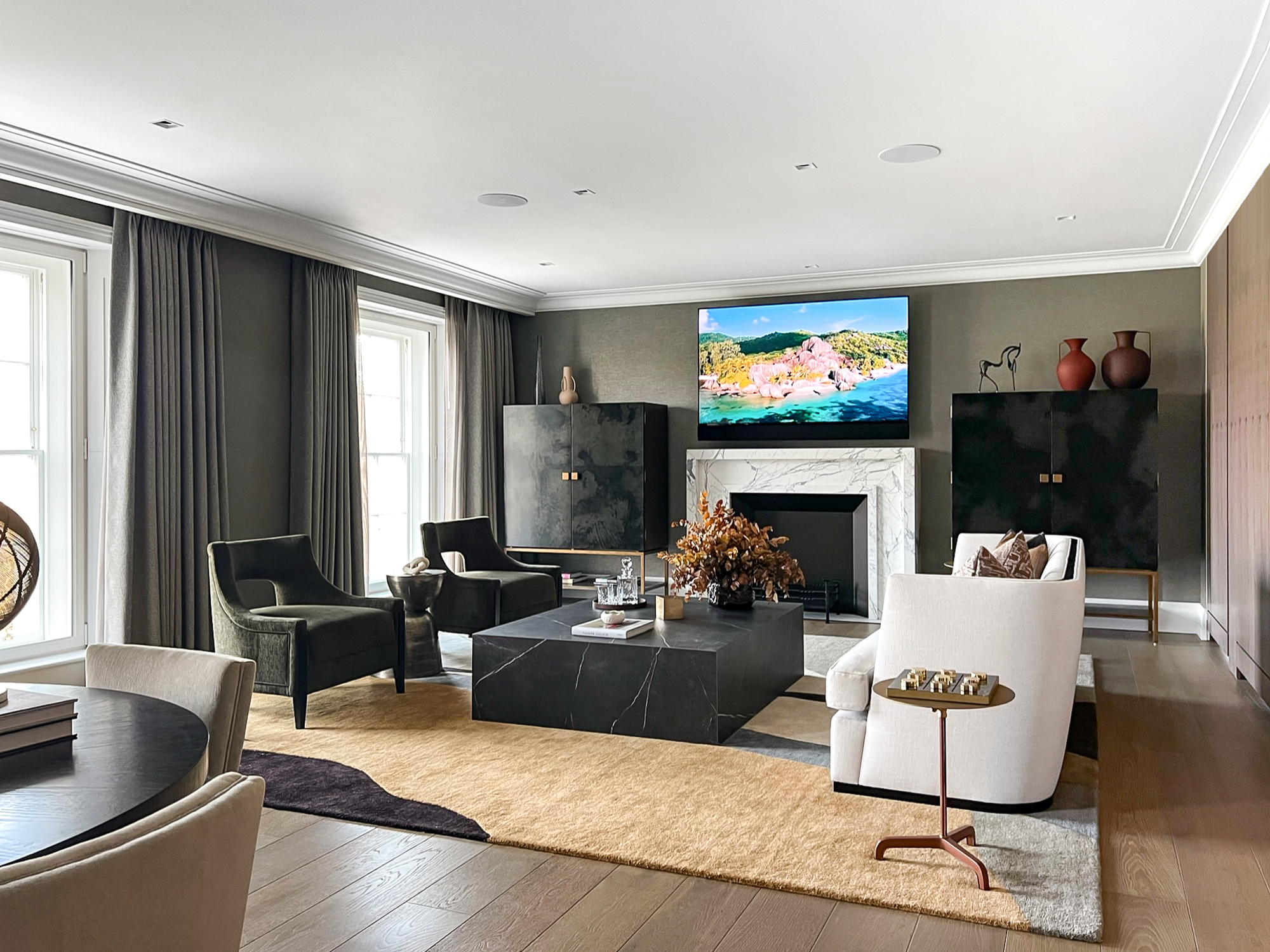 Lutron Lighting and Crestron Control System in a luxury living room in Regents Crescent. 