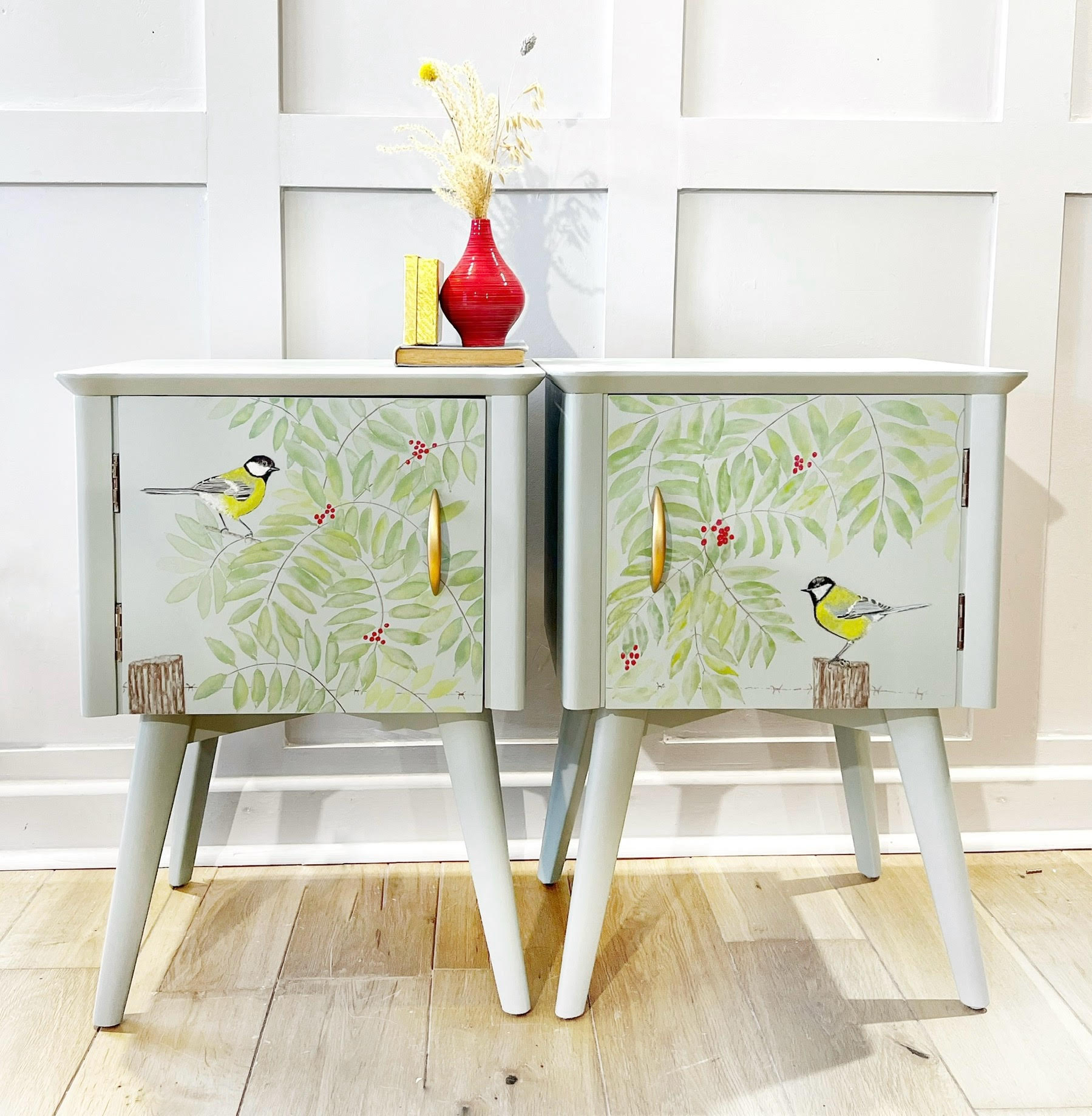 Pair of Bedsides Featuring Hand-Painted Garden Birds 