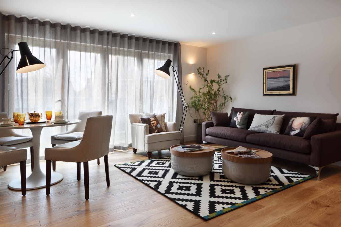 Living room; dining table, sofa, monochromatic design