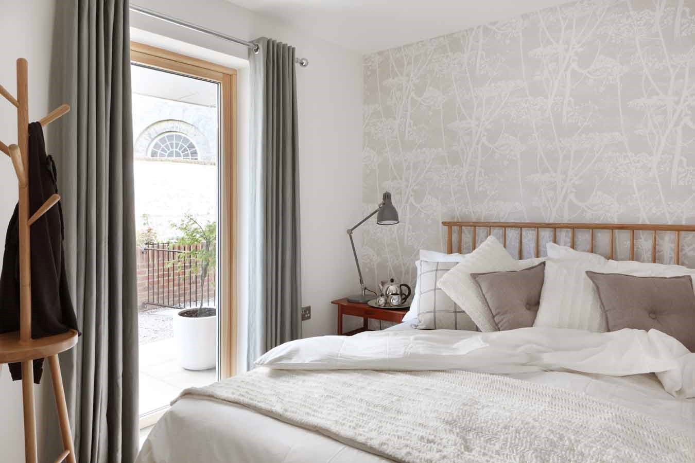 Ground floor guest bedroom; cole and son wall paper; cow parsley wall paper, guest room; wave headed curtains