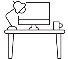 Desk with computer and lamp illustration