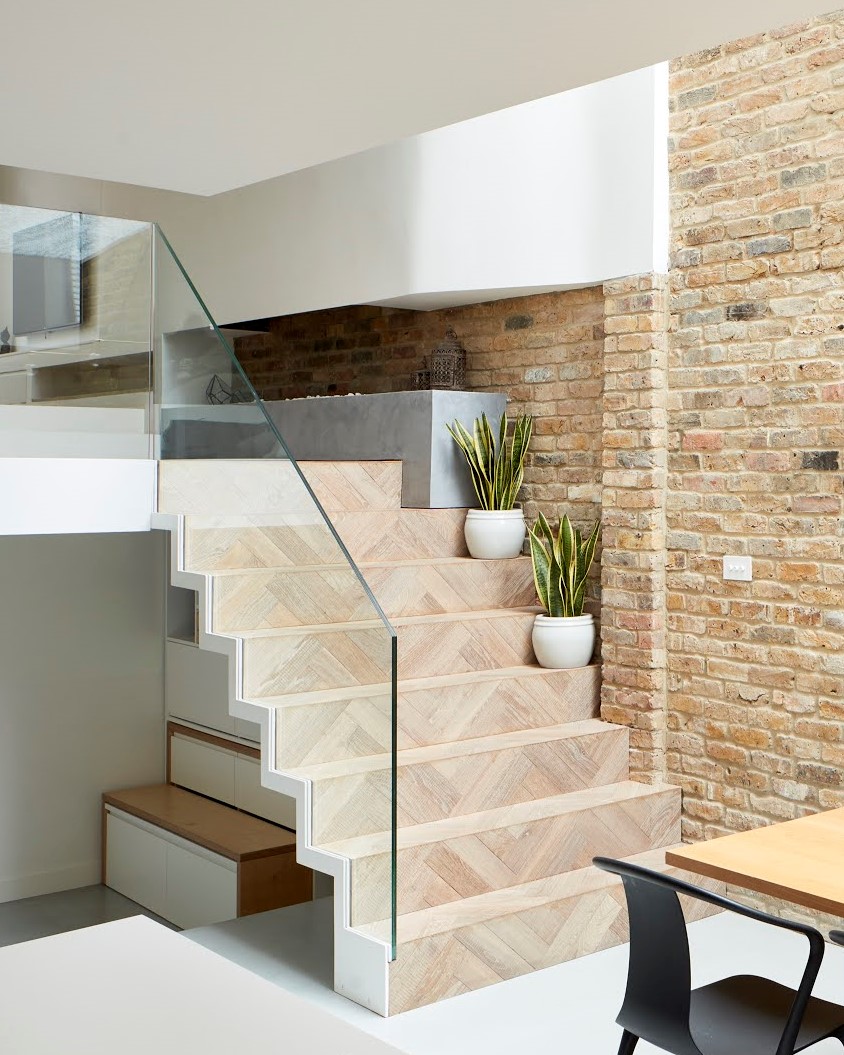 modern staircase with herringbone cladding.