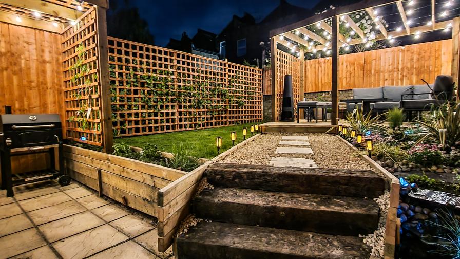 Landscaped Garden with Sitting Area, Outdoor Kitchen and Water Feature 