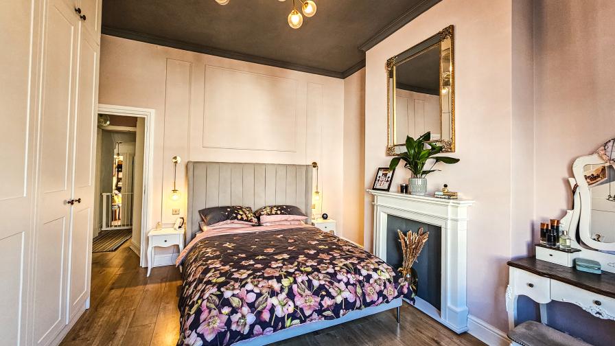 Master Bedroom with Pink and Grey Colour Scheme