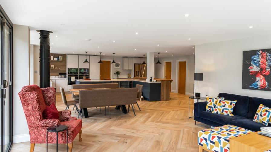 Dining area and kitchen viewed from the family area