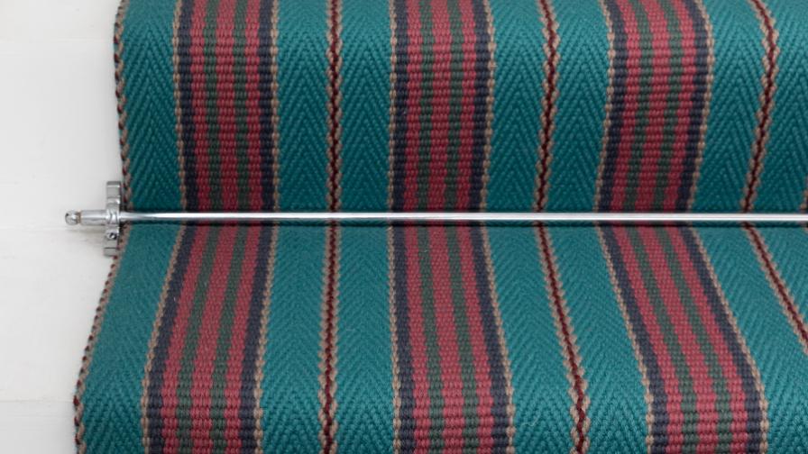 Striped stair runner with chrome ball end stair rod