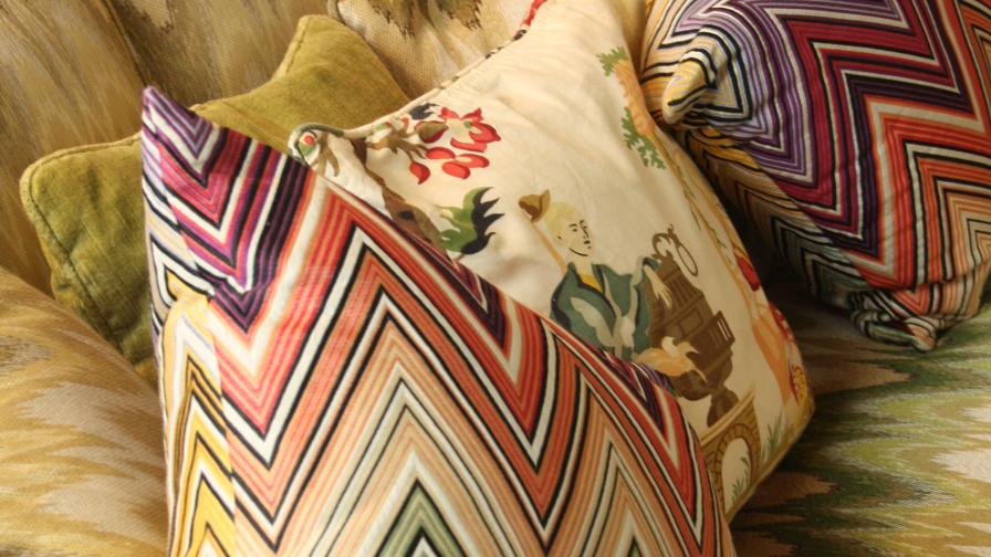 Missoni cushions sit with traditional Chinoiserie and Flame Stitch fabrics