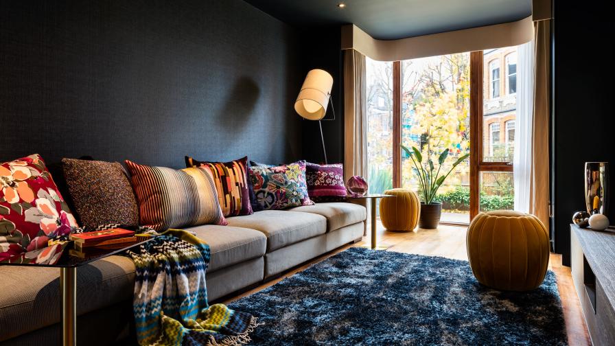 TV Room, media room, large sofa, Missoni cushions and fluffy rug