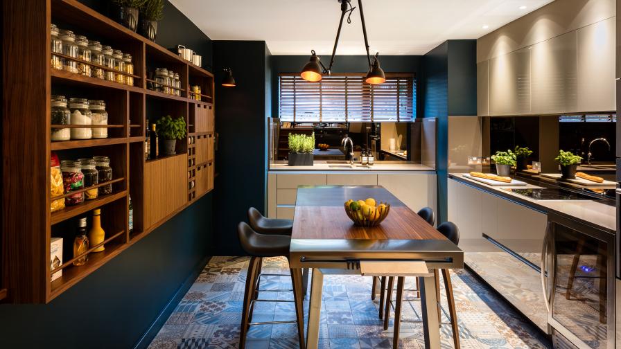 Kitchen, tiled floor, bespoke pantry