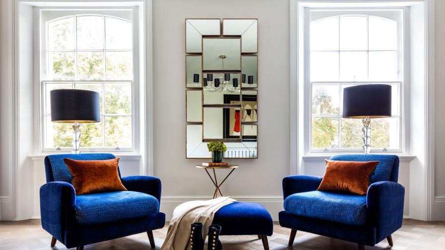 Elegant interior, rich blue chairs, classic symmetry