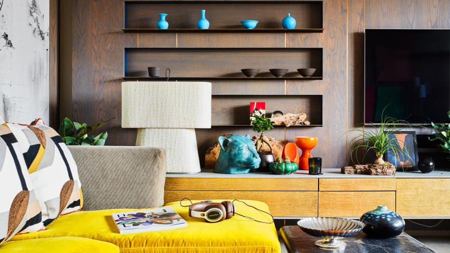 Living Room, yellow sofa, joinery