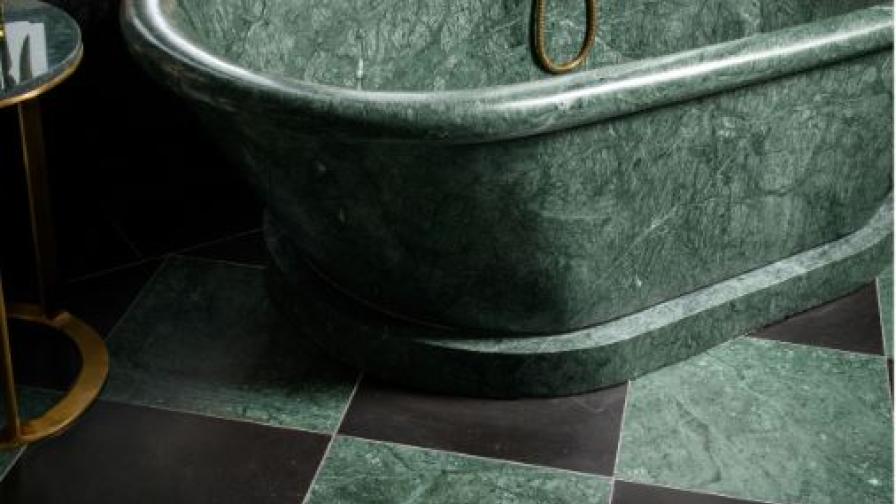 Green marble and marble bath provided by specialists Lapicida for client bathroom