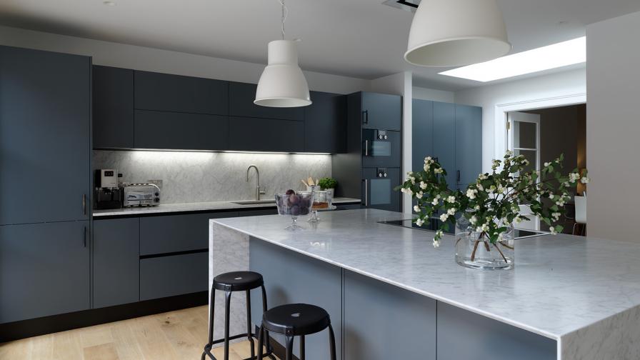 Italian Kitchen; dark blue kitchen; arabescato marble; gaggenau appliances; miele appliances; kitchen design; architectural collaboration