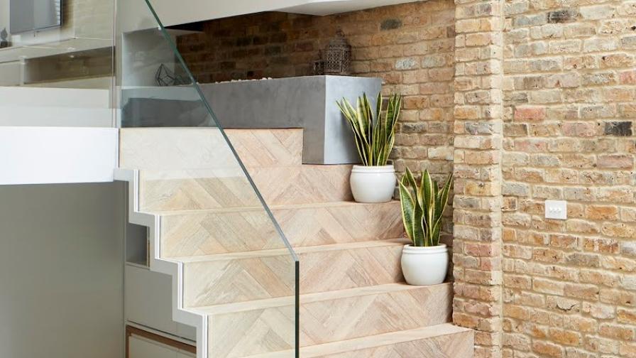 modern staircase with herringbone cladding.