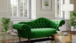 Double-ended chaise longue, in a green velvet fabric and deep buttoning. 