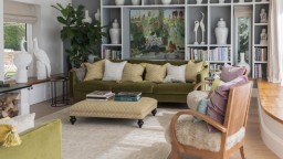 Lliving room cotswolds green sofa display shelving