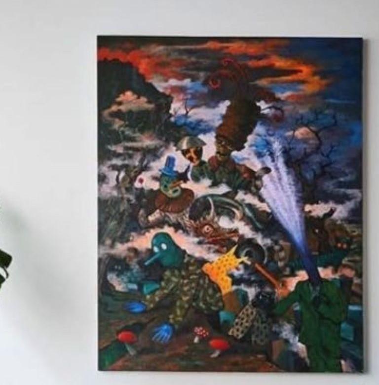 Painting on a white wall with plant one side and lamp another.