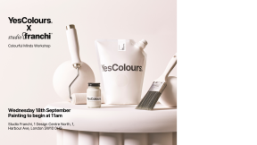 Promotional flyer for a painting workshop by YesColours and Studio Franchi, featuring painting tools and a Yes Colours paint pouch in white.