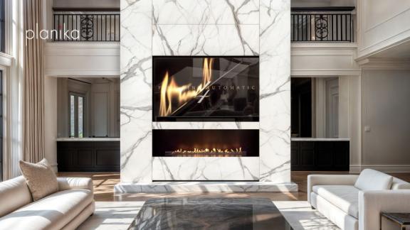 interior shot of a modern living room with marble tv and fire media wall