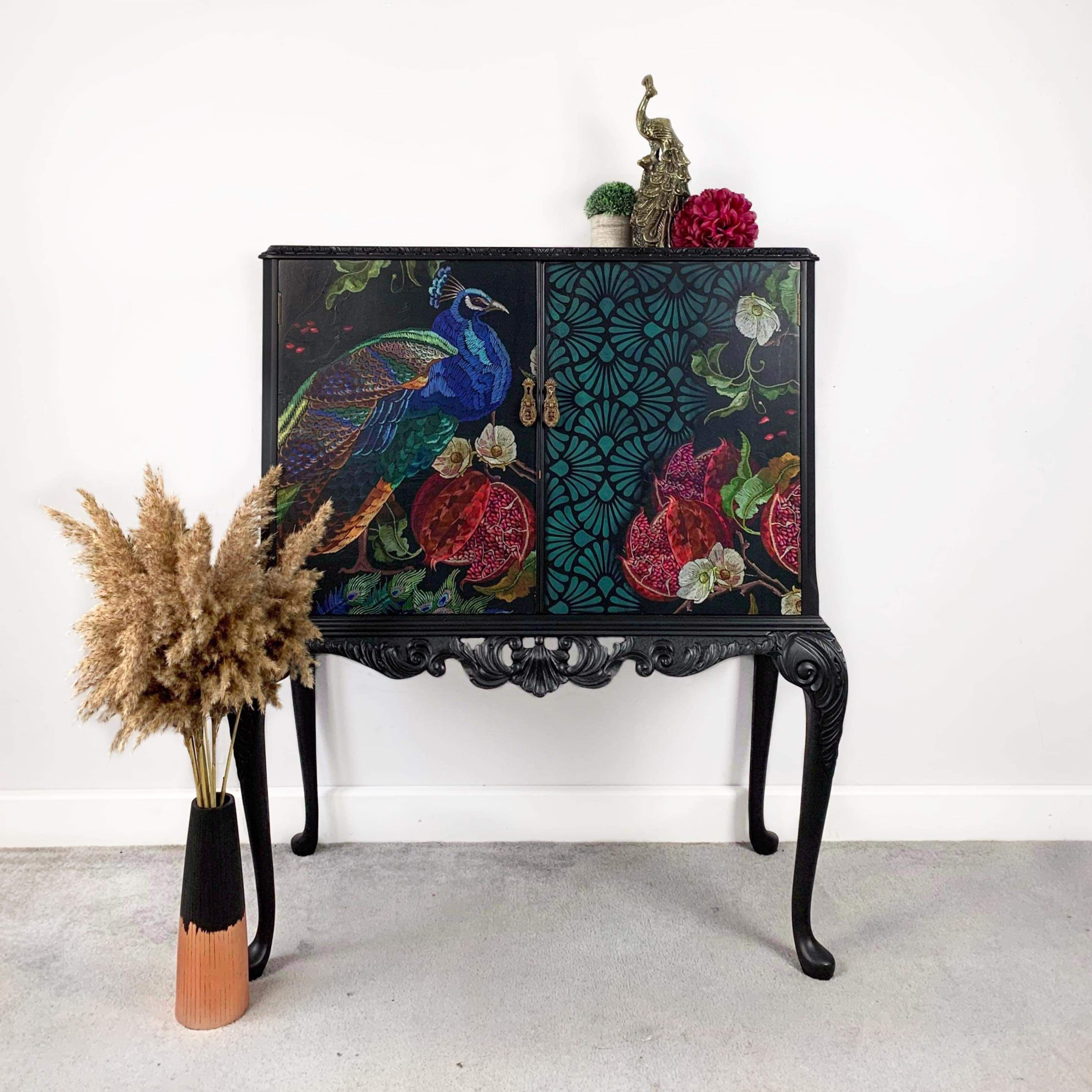 Vintage Cabinet Featuring Peacock Motif 