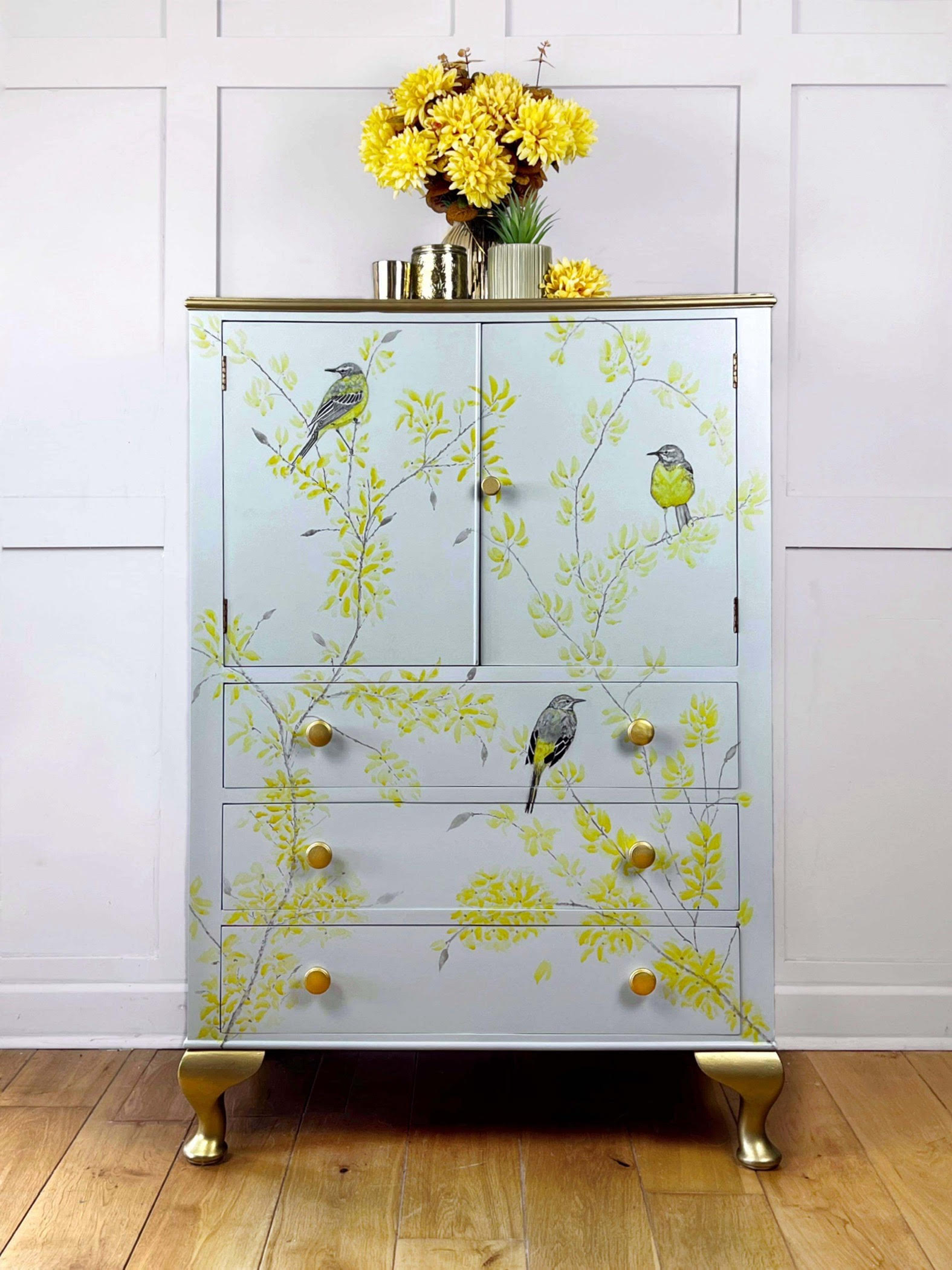Vintage Linen Cabinet with Hand-Painted Garden Birds Motif 